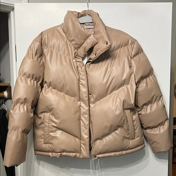 Steve Madden Taupe Faux-Leather Quilted Puffer Jacket - Picture 1 of 5